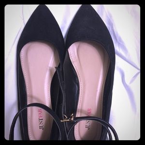 Just Fab black double ankle wrap flats.